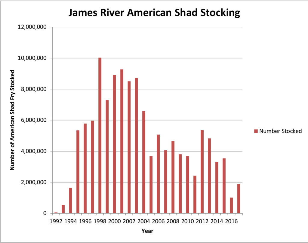 Graphique des jeunes aloses américaines stockées dans la rivière James entre 1992 et 2017; le graphique est une courbe en cloche, les années de stockage les plus importantes se situant entre 1996et .2004