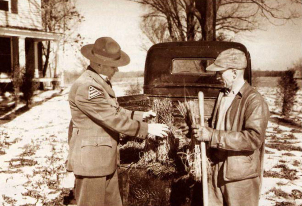 Image en noir et blanc d'un garde-chasse regardant le foin à l'intérieur d'une camionnette.