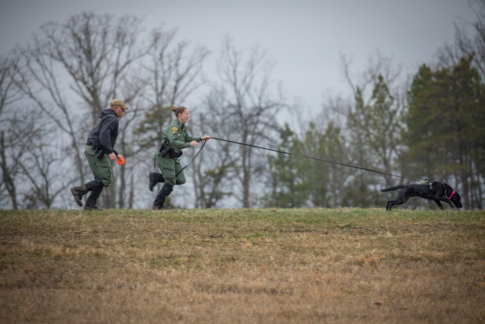 Bonnie Braziel (au centre) s'entraîne avec K9 Grace sous la surveillance de Richard Howald.