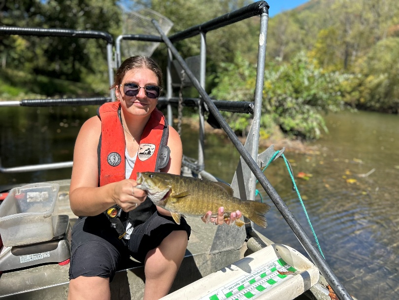 Pêcheur sur un bateau tenant un bar à petite bouche provenant de la rivière Cowpasture.