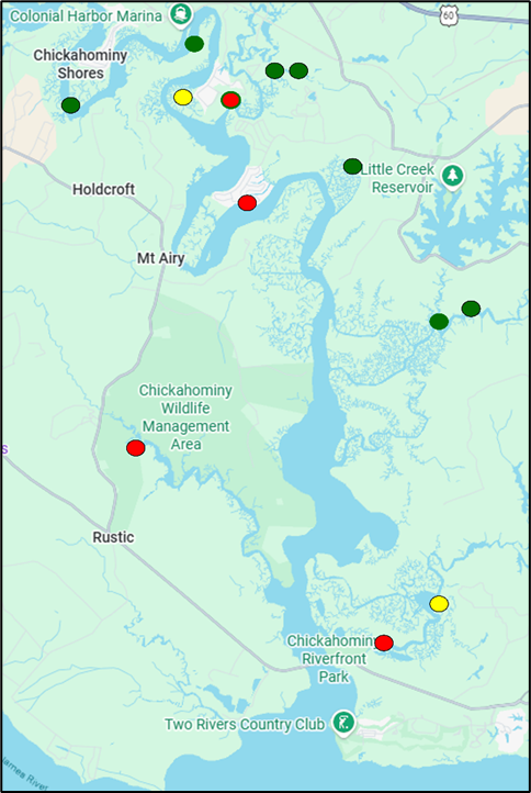 Map of selected James and Chickahominy River largemouth bass sampling sites, with green, yellow, and red points showing relative catch rates.
