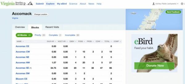 Liste de blocs du comté d'Accomack - VABBA2 Portail eBird