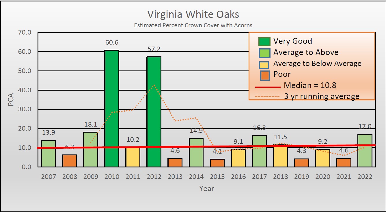 Image de la production de glands blancs à l'échelle de l'État, classée par catégorie, montrant que la population a eu une faible production, mais qu'elle est actuellement en train de remonter.