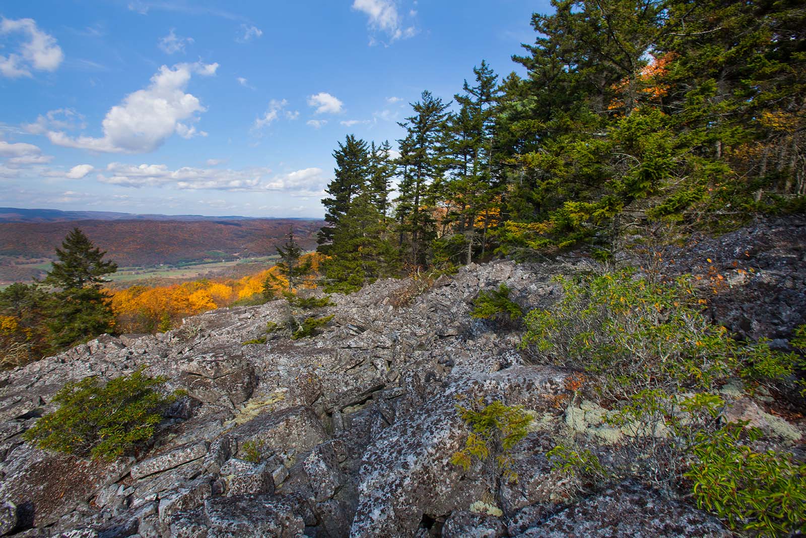 Vue d'un belvédère, montrant une vallée en contrebas et des montagnes drapées de feuillages d'automne au loin.