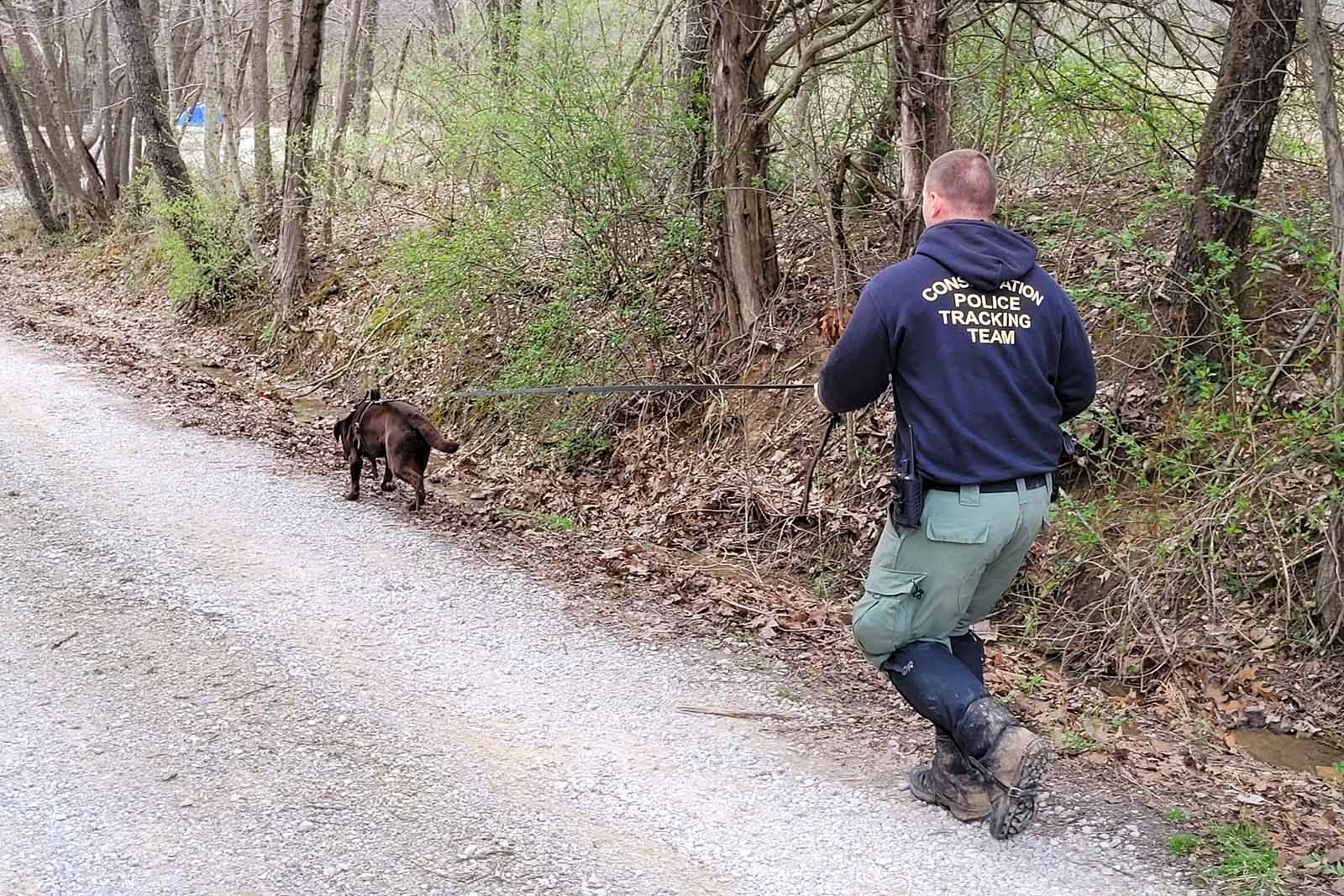Un agent de la police de la conservation marche derrière un K9 tenu en laisse.