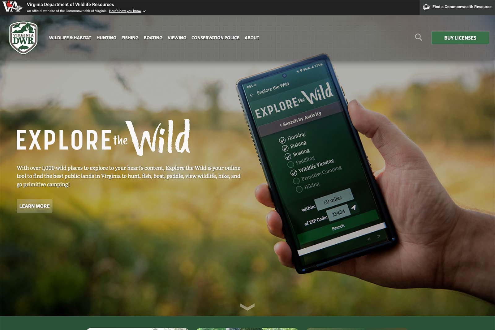 Capture d'écran de la page d'accueil du site web du DWR