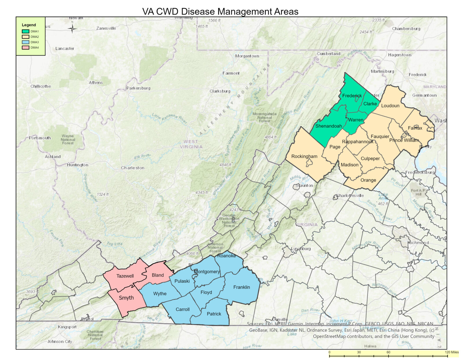 Carte de la Virginie illustrant les comtés inclus dans chaque zone de gestion de la maladie CWD pour 2025-2026