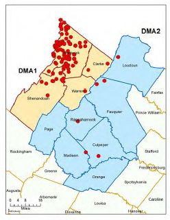 Image d'une carte montrant les endroits où la maladie du dépérissement chronique a été observée chez des cerfs, principalement dans le DMA1, avec quelques cas isolés dans le DMA.2
