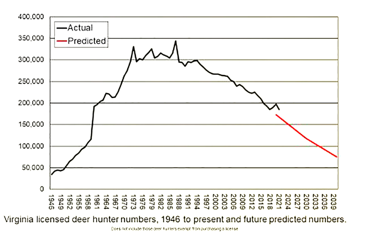 Graphique des chasseurs de cerfs licenciés depuis 1946 jusqu'aux prévisions pour 2039; le graphique montre une augmentation du nombre de chasseurs entre 1946 et 1970, une légère stagnation entre 1970 et 1991, puis un déclin régulier mais continu du nombre de chasseurs licenciés à partir de 1991.