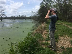 Une personne avec des jumelles observant un étang