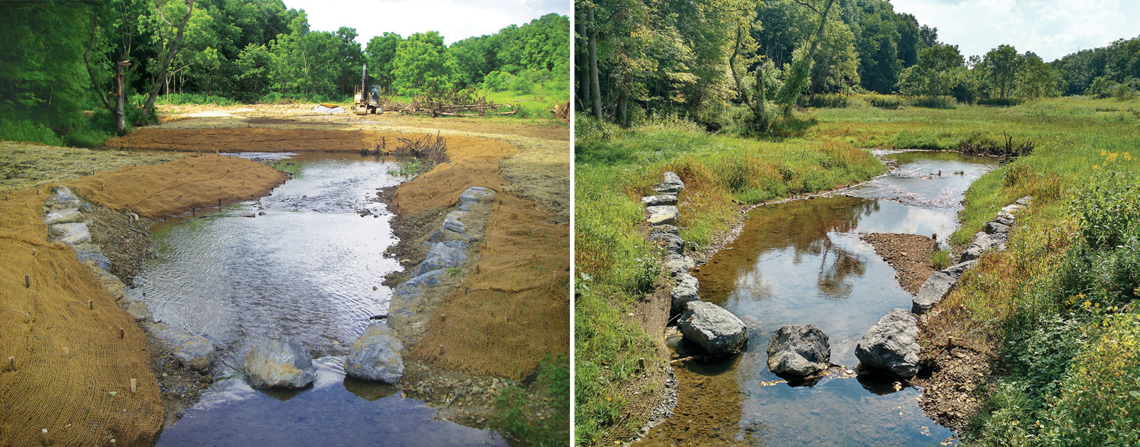 Deux photos du même cours d'eau côte à côte. La photo de gauche montre des travaux de terrassement et des rochers placés stratégiquement, tandis que la deuxième photo montre les résultats des travaux avec des berges verdoyantes et une eau claire.