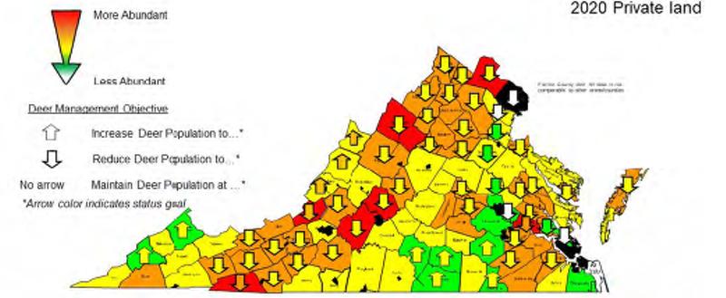 une carte de la population de cerfs 2020 avec des flèches dans chaque comté indiquant si la population a augmenté, diminué ou est stable.