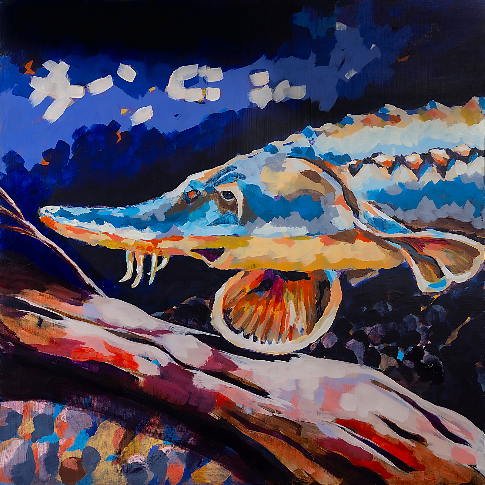 Une peinture aux couleurs vives de la tête d'un esturgeon de l'Atlantique.