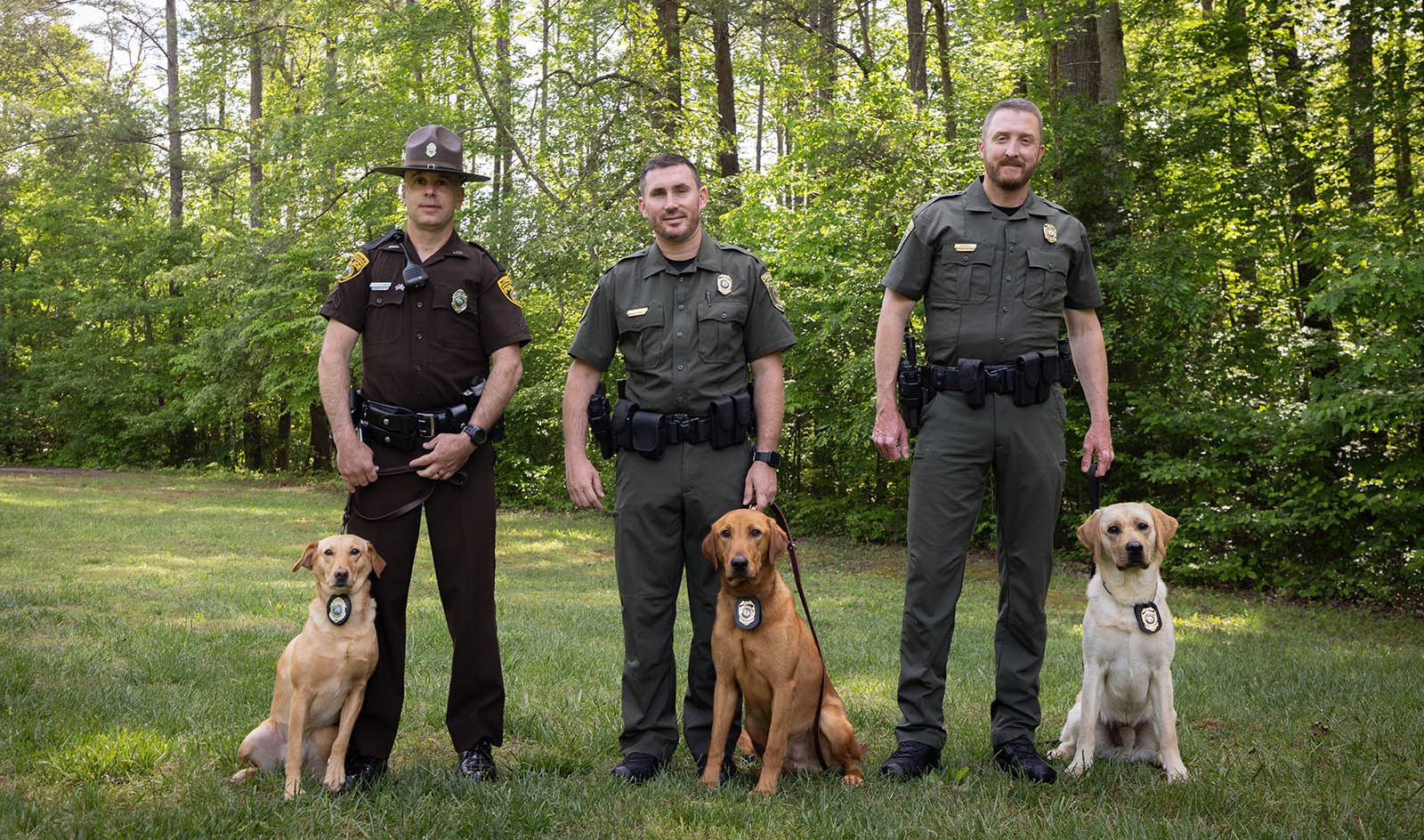 Une photo de trois agents des forces de l'ordre en uniforme se tenant dans une file d'attente, avec à leurs pieds trois chiens Labrador retriever portant des badges.