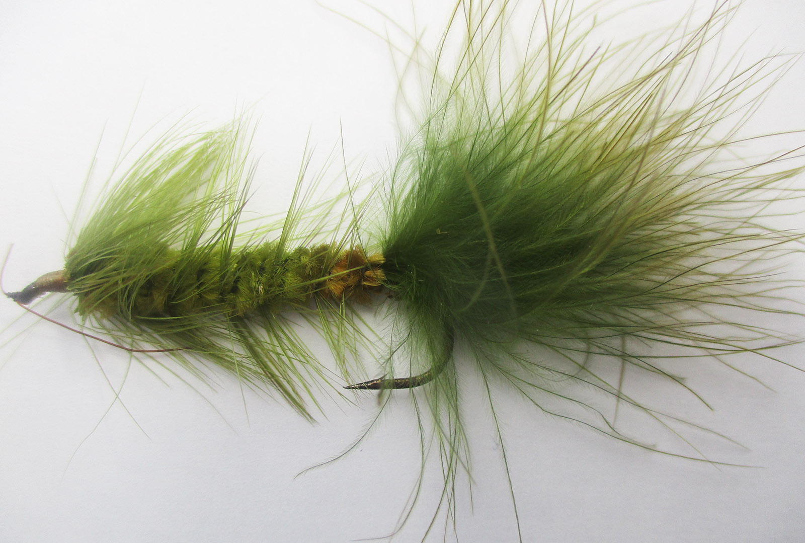 Photo en gros plan d'une mouche de pêche verte et duveteuse.