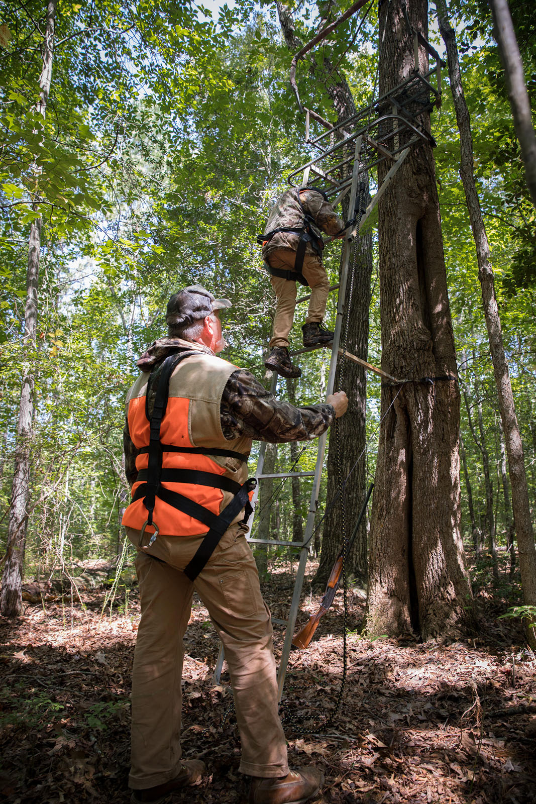 Une photo d'un homme âgé vêtu d'une combinaison orange vif et d'un harnais de sécurité observant un jeune qui grimpe à une échelle pour monter dans un affût, lui aussi équipé d'un harnais de sécurité.