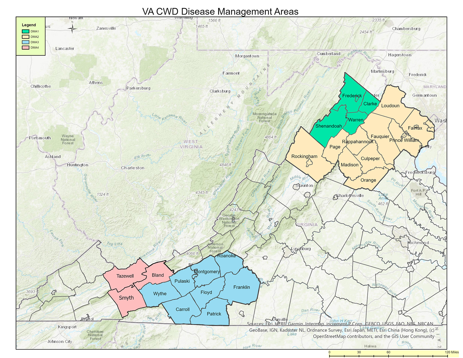 Une carte de la Virginia avec certains états de la côte ouest en différentes couleurs.