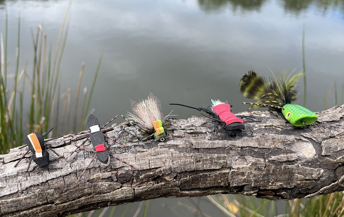 "Les insectes de prédilection pour la pêche à la petite bouche en été (de gauche à droite)" Foam Beetle, Chernoybl Ant, Rainy's Ultimate Cicada Fly, Fat Albert, Surface Seducer Double Barrel Bass Bug Popper.