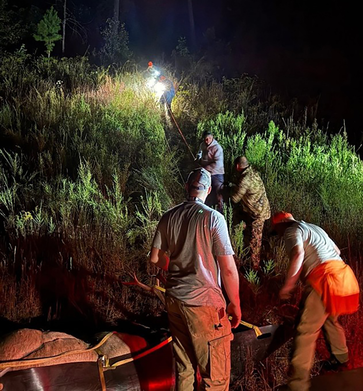 Une photo prise de nuit d'hommes, lampes frontales allumées, descendant un élan sur un traîneau le long d'une colline escarpée.