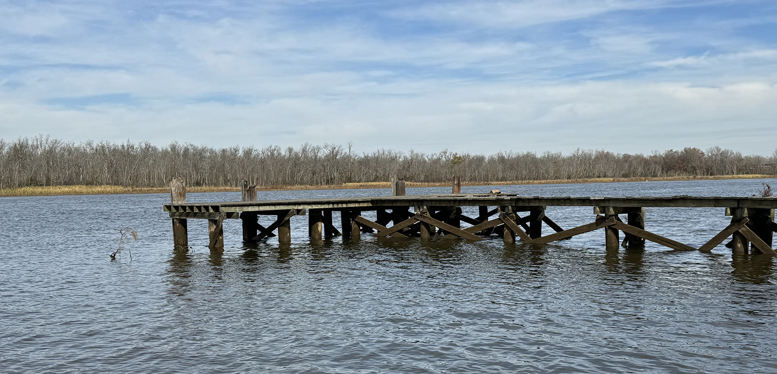 Photo d'un grand quai en bois situé dans une rivière.