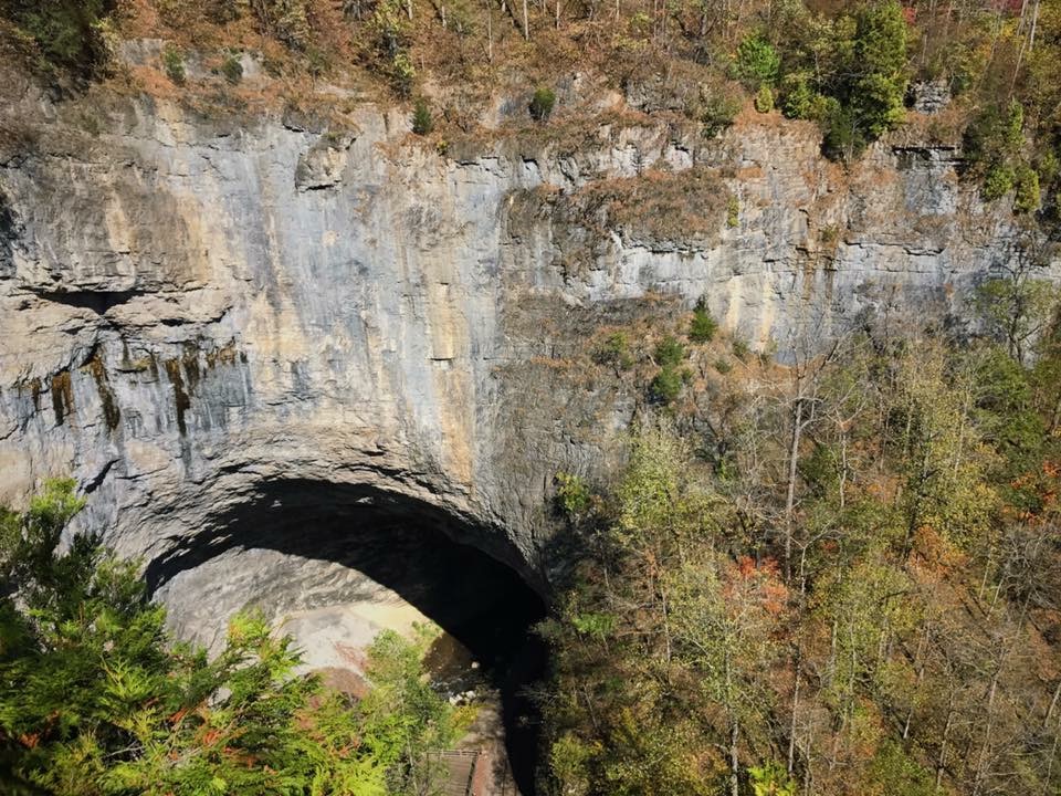 Une image des falaises qui surplombent le tunnel dans le parc d'État de Natural Tunnel.