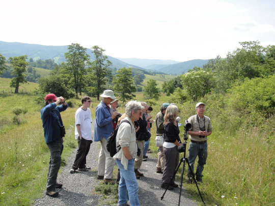Dan, Patti Reum (à l'extrême droite) et la classe d'écologie des Appalaches étudient les oiseaux sur les futurs sites de surveillance des faucons crécerelles dans la Bluegrass Valley du comté de Highland.