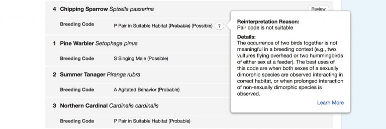 Exemple de code de reproduction décrivant les signes que l'on doit rechercher chez un couple d'oiseaux reproducteurs.