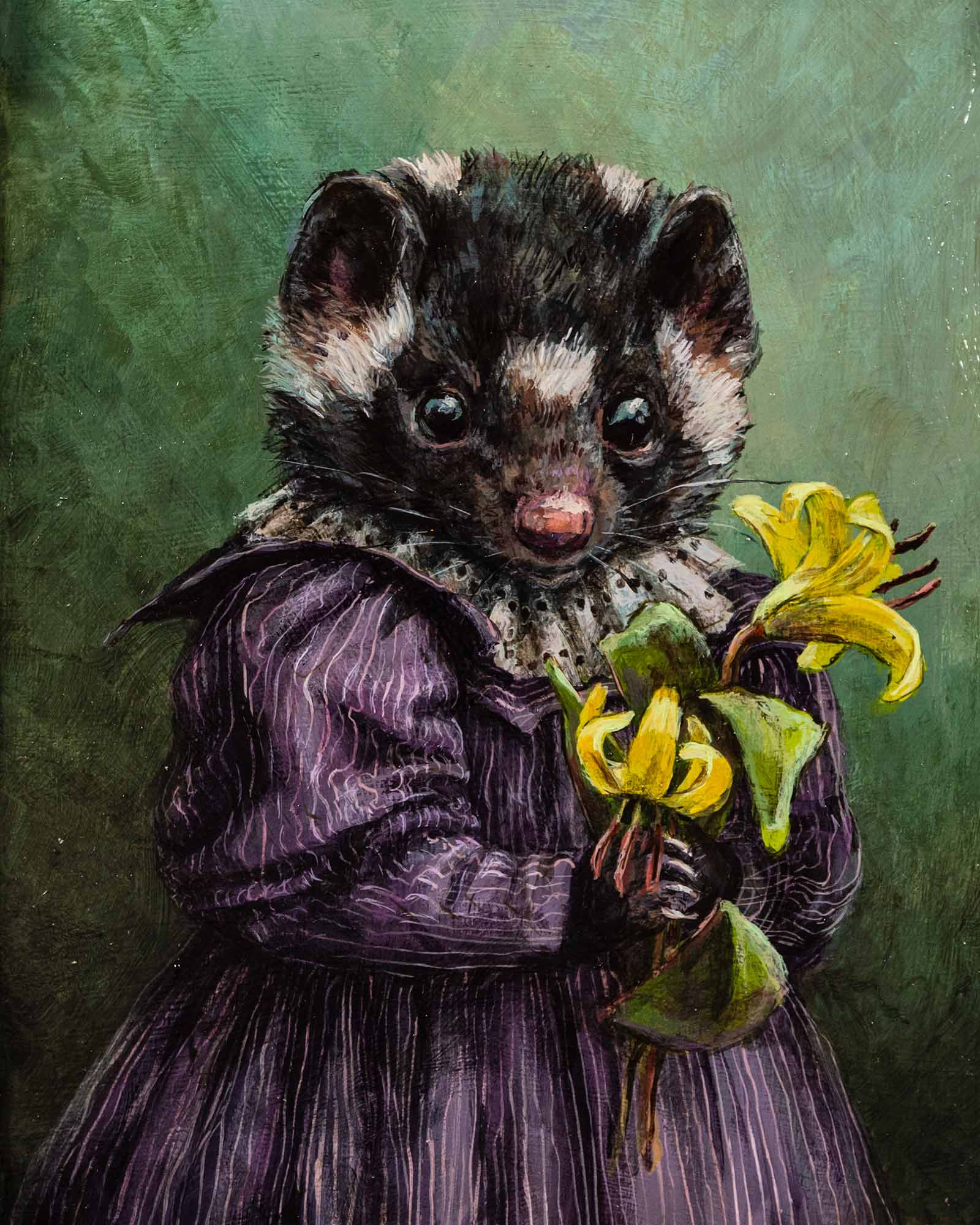 Peinture d'un petit mammifère vêtu de violet et tenant des fleurs jaunes.