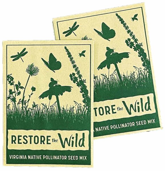Un paquet de graines en papier brun, étiqueté Restore the Wild : Virginia Native Pollinator Seed Mix (Mélange de graines pour pollinisateurs indigènes de Virginie).