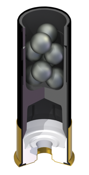 Représentation artistique de l'intérieur d'une douille 00 Buck ; dans cette balle, les plombs sont empilés pour permettre un maximum de plombs par douille.