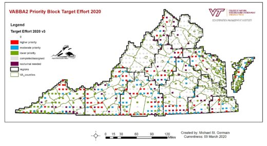 Une carte de l'État montrant les efforts ciblés déployés dans les différents comtés ; la priorité est accordée aux oiseaux le long des Appalaches.