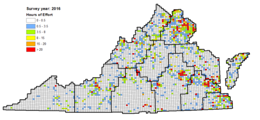Une carte de l'effort cumulé de VABBA2 en 2016