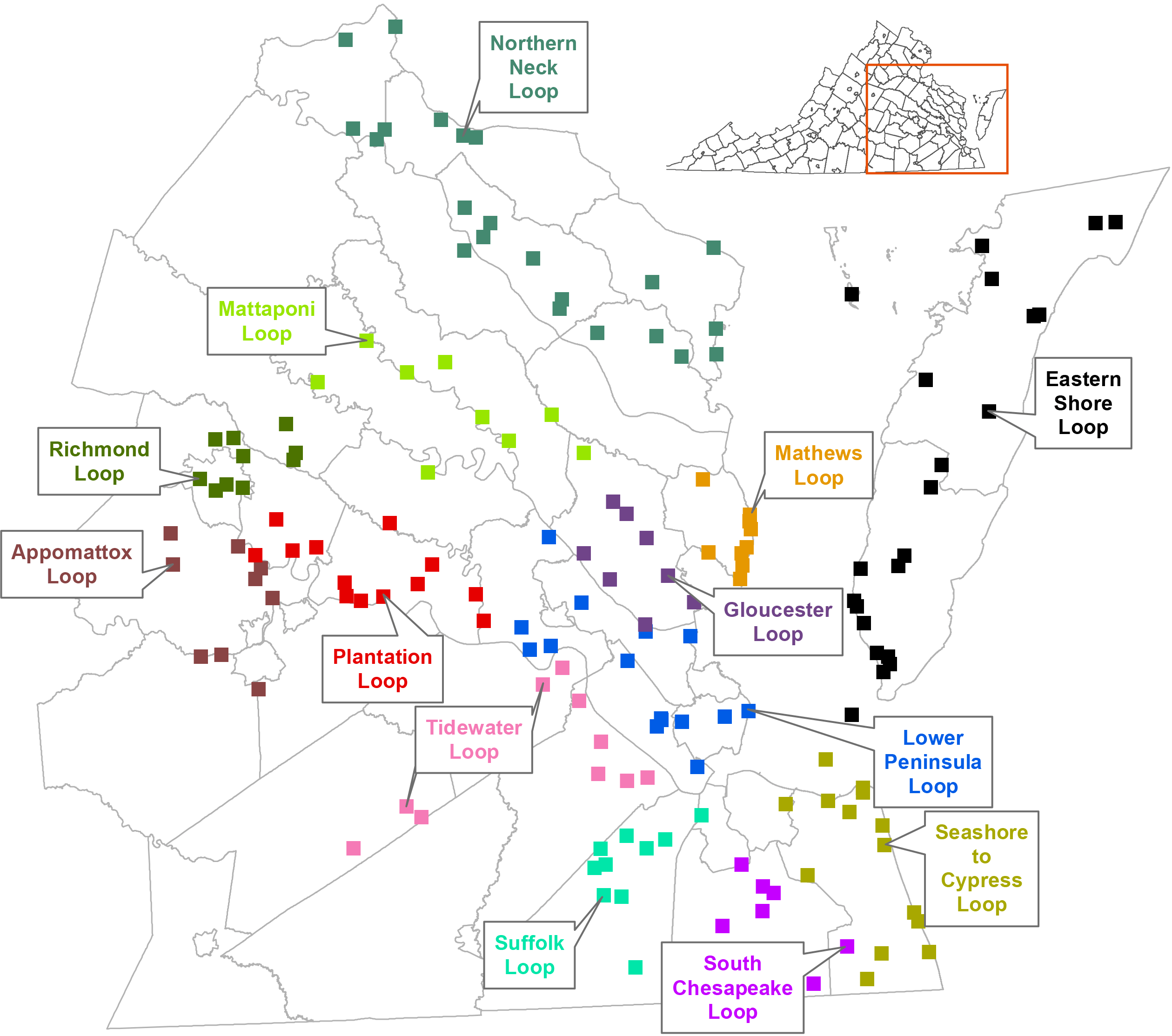 Une carte de la Virginie avec les boucles du Virginia Bird and Wildlife Trail affichées