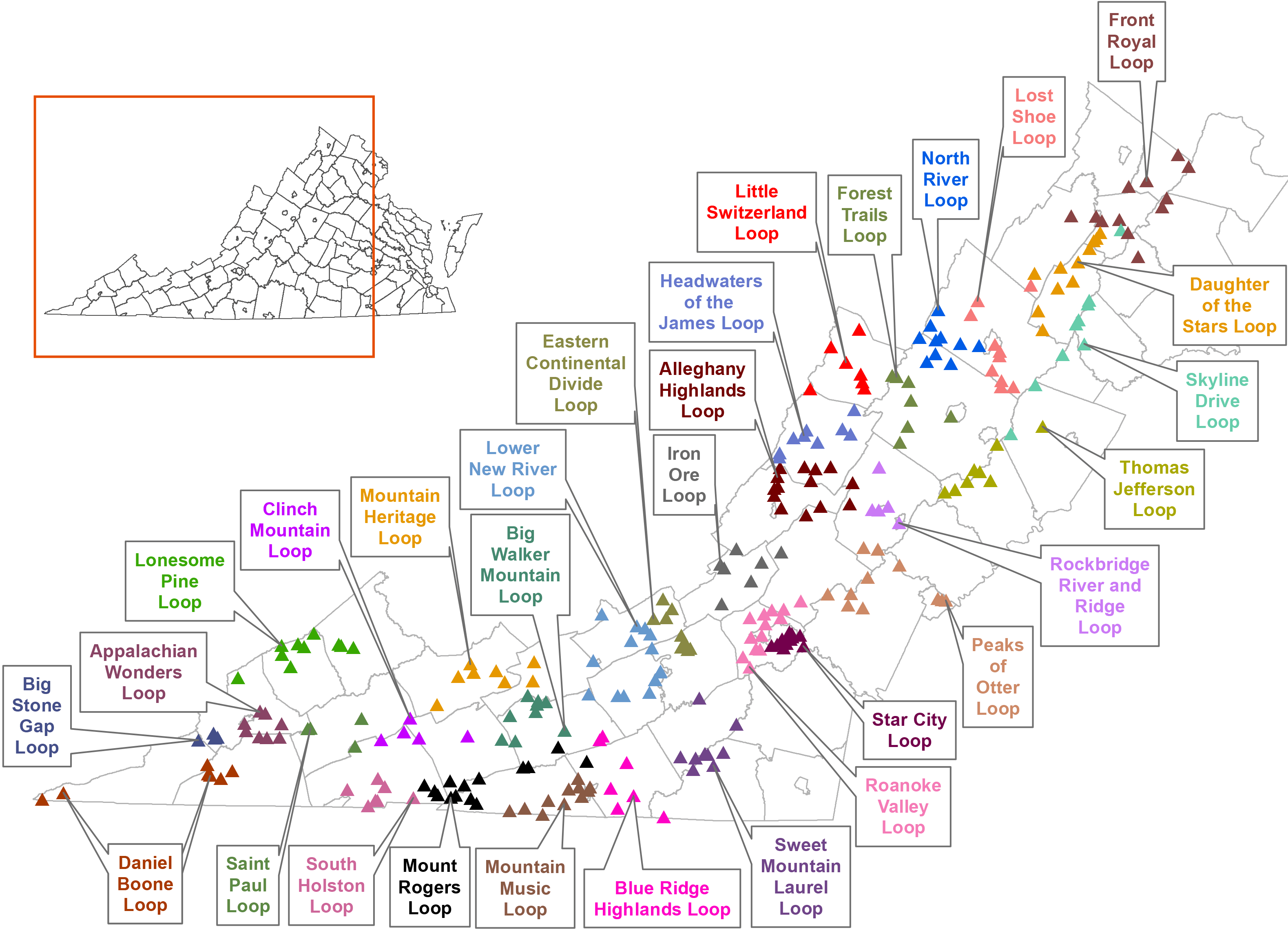 Une carte de la Virginie avec les boucles du Virginia Bird and Wildlife Trail affichées