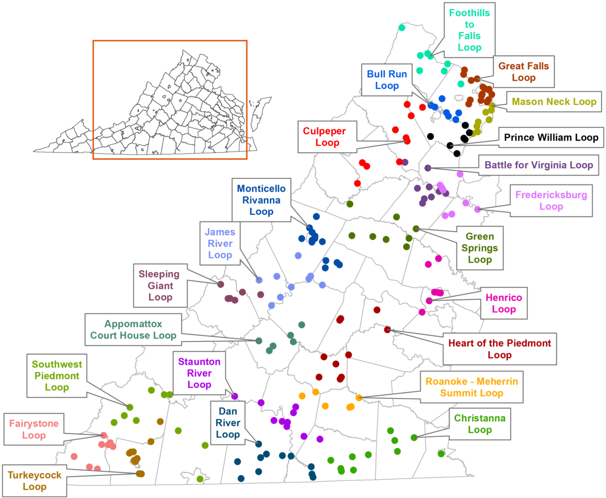 Une carte de la Virginie avec les boucles du Virginia Bird and Wildlife Trail affichées