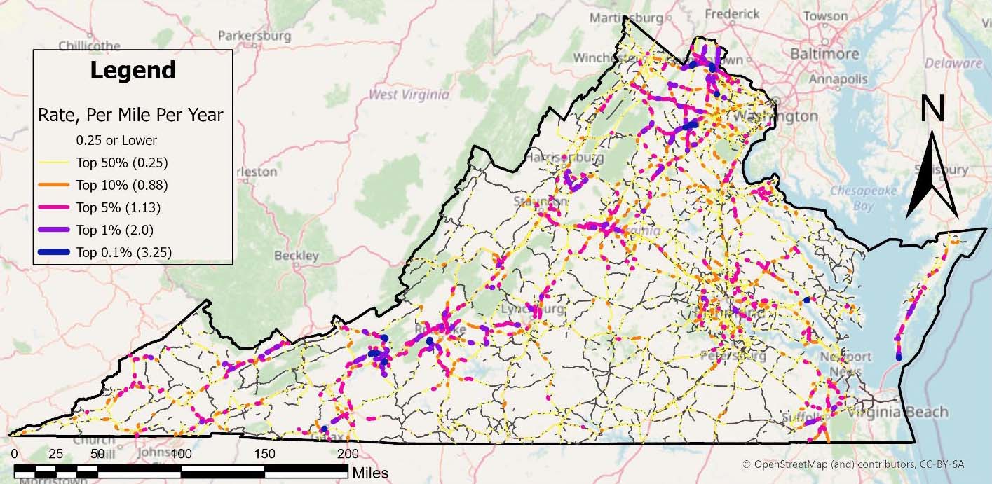 Carte de Virginie montrant les taux d'occurrence de véhicules transportant des animaux sauvages par segment de route d'un kilomètre.