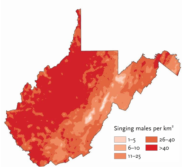 Carte de densité de la Grive des bois (abondance par km²) tirée du Second Atlas of Breeding Birds in West Virginia. C'est dans la partie ouest de l'Etat qu'elles sont les plus denses.
