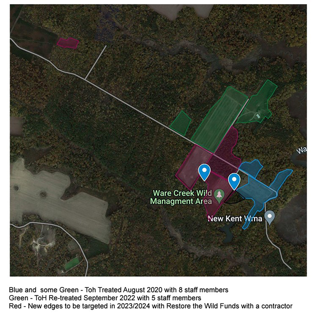 Une carte de trois plans de traitement différents et de l'endroit où ils seront appliqués dans l'AMM de Ware Creek.