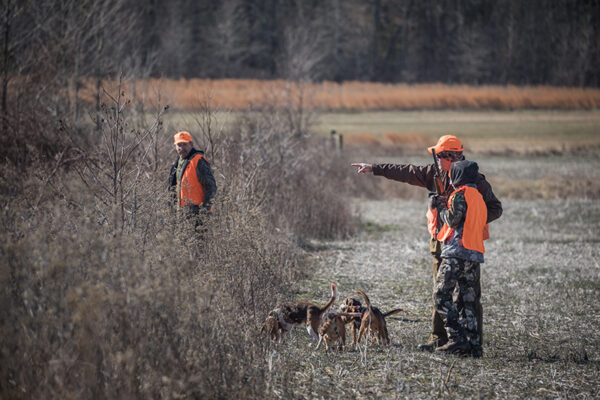 L'éducation d'un enfant instruit par un adulte avec des chiens de chasse sur la manière de chasser le lapin.