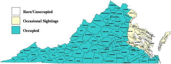 Carte de l'aire de répartition de l'ours noir en Virginie