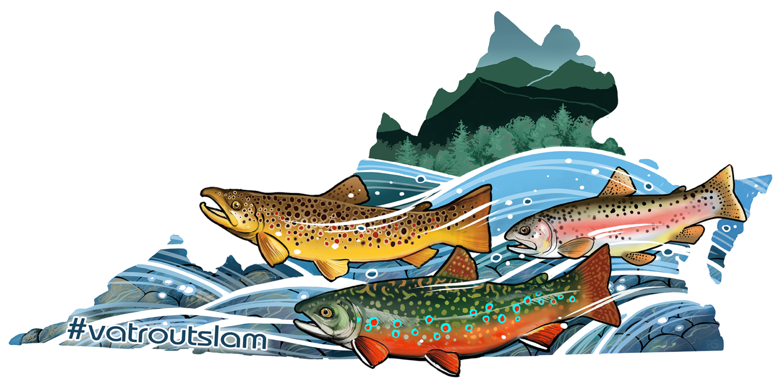 Une œuvre d'art de Ron Shearer représentant trois truites dans une rivière près d'une forêt ayant la forme de l'État de Virginie avec, en bas à gauche, un hashtag intitulé "VA trout slam."